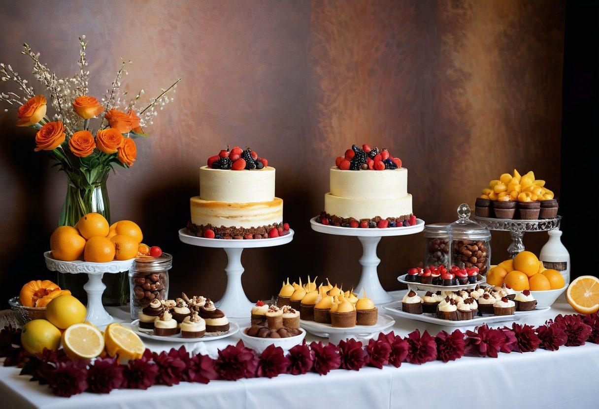 A stunning array of sweet cream desserts presented in a colorful dessert table, showcasing classic and innovative variations like tiramisu cups, crème brûlée, and mousse in vibrant glass jars. The setting should have a warm, inviting atmosphere, with soft lighting and decorative floral elements, garnished with fresh fruit and chocolate shavings. Include artistic textures and an eye-catching backdrop to emphasize creativity and indulgence. super-realistic. vibrant colors. warm tones.