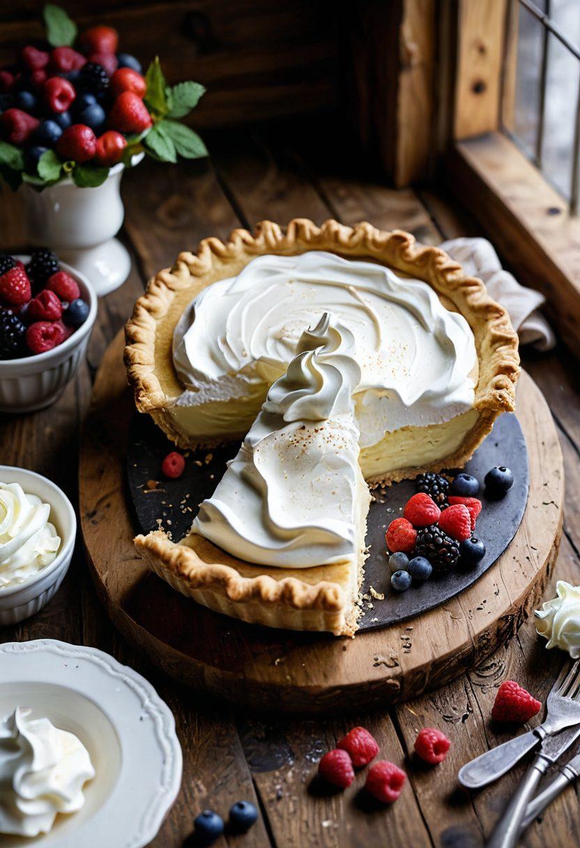 A mouthwatering tableau featuring a freshly baked sweet cream pie, oozing creamy filling and topped with whipped cream and vibrant berries. The scene includes a rustic wooden table surrounded by baking tools like a rolling pin and flour, with soft natural light illuminating the pie's glossy surface. In the background, an inviting kitchen ambiance enhances the warmth of home baking. super-realistic. warm colors. soft focus.