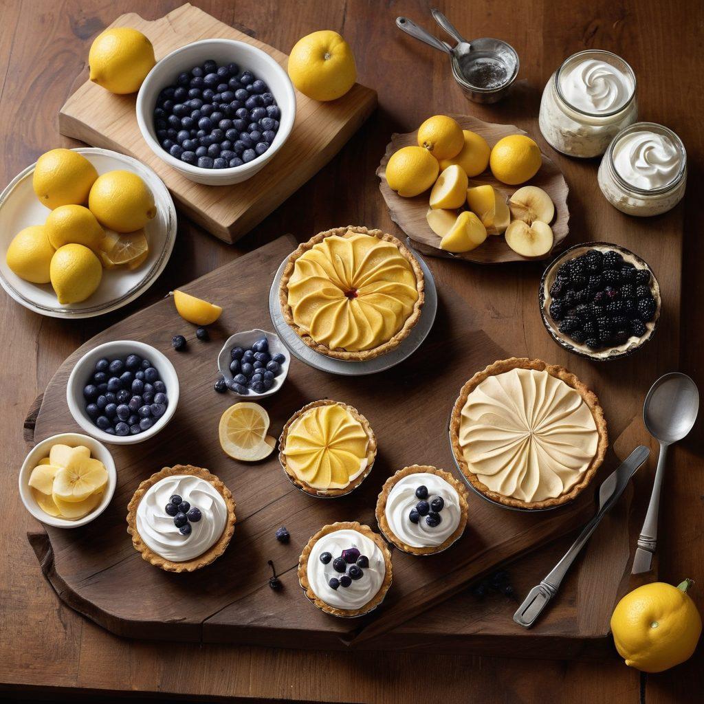 A beautifully arranged dessert table featuring an assortment of flavored cream pies with vibrant colors, showcasing flavors like blueberry, chocolate, and lemon meringue. Surrounding the pies are essential baking tools like a whisk, measuring cups, and fresh ingredients like fruits and vanilla pods, all on a rustic wooden countertop. Warm, inviting lighting adds a cozy feel to the scene. super-realistic. vibrant colors. elegant layout.
